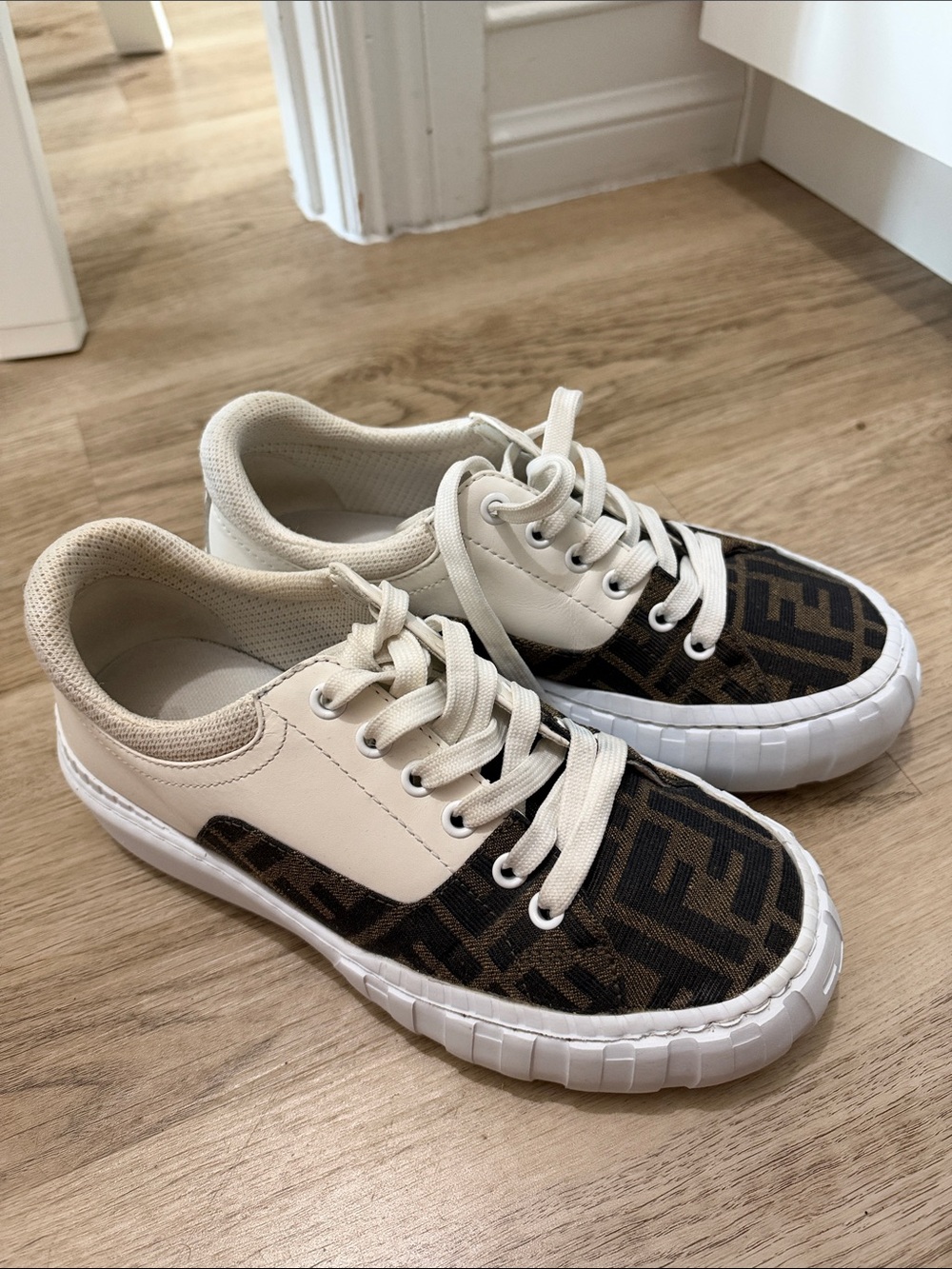 Fendi Beige, Brown and White Low-Top Logo Sneakers